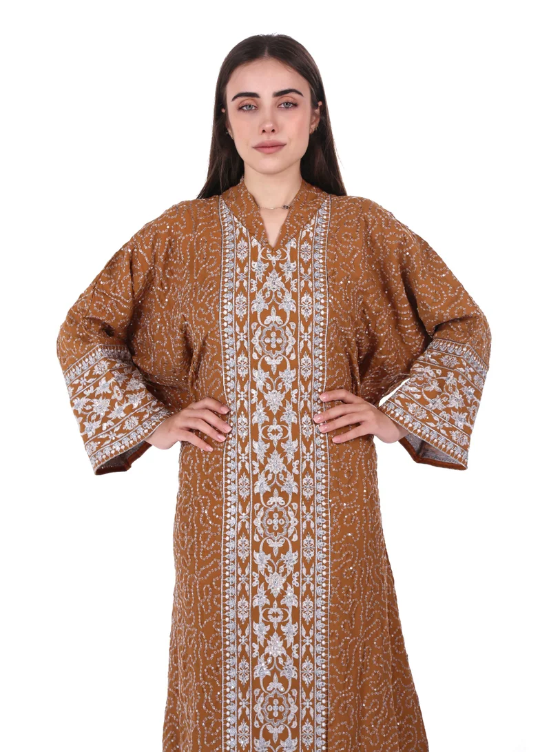 AL BENT AL SHARQIEH brown Embroidered Linen Jalabiya dress with unvisible belt for Women | Best Price UAE
